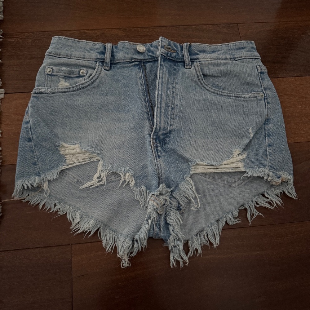 Zara Light Blue Frayed Jean Shorts